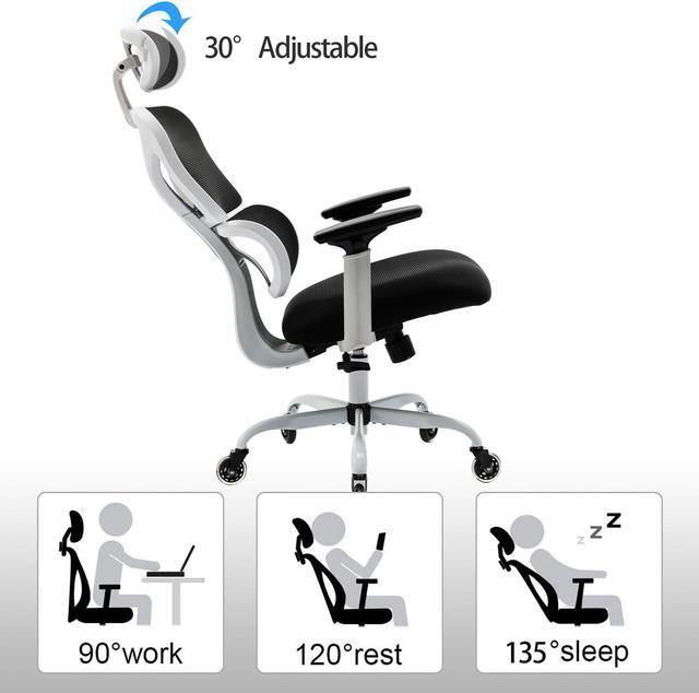 Alt view image 2 of 7 - KERDOM Ergonomic Office Chair, Home Desk Chair, Comfy Breathable Mesh Task Chair, High Back Thick Cushion Computer Chair with Headrest and 3D Armrests, Adjustable Height Home Gaming Chair White/F