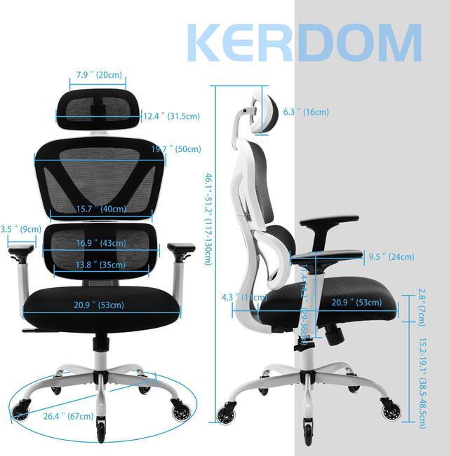 Alt view image 6 of 7 - KERDOM Ergonomic Office Chair, Home Desk Chair, Comfy Breathable Mesh Task Chair, High Back Thick Cushion Computer Chair with Headrest and 3D Armrests, Adjustable Height Home Gaming Chair White/F