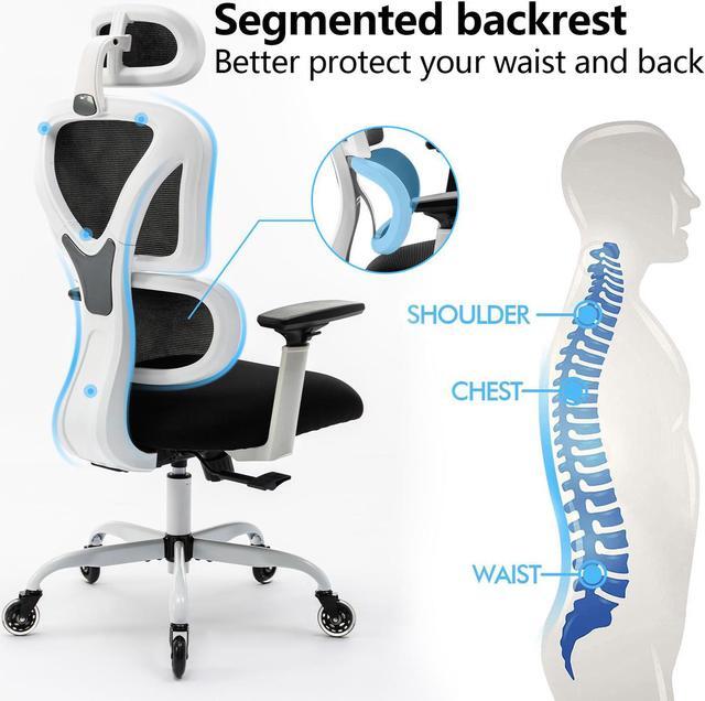 Alt view image 3 of 7 - KERDOM Ergonomic Office Chair, Home Desk Chair, Comfy Breathable Mesh Task Chair, High Back Thick Cushion Computer Chair with Headrest and 3D Armrests, Adjustable Height Home Gaming Chair White/F