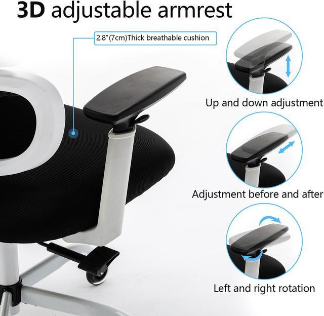 Alt view image 5 of 7 - KERDOM Ergonomic Office Chair, Home Desk Chair, Comfy Breathable Mesh Task Chair, High Back Thick Cushion Computer Chair with Headrest and 3D Armrests, Adjustable Height Home Gaming Chair White/F