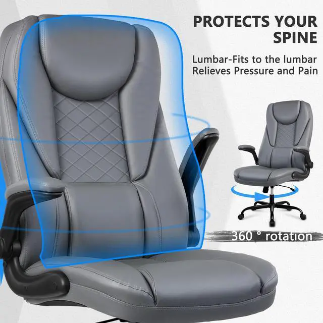 Alt view image 4 of 6 - Coolhut Office Chair, Executive Leather Chair, Big & Tall Ergonomic Office Chair, Adjustable Flip-Up Arms, High Back Home Office Desk Chairs Computer Chair with Lumbar Support (Grey)