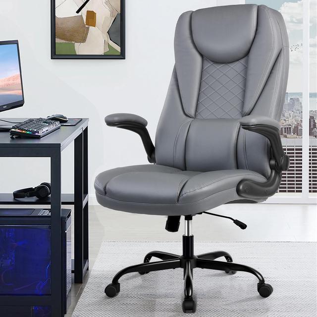 Coolhut Office Chair, Executive Leather Chair, Big & Tall Ergonomic Office  Chair, Adjustable Flip-Up Arms, High Back Home Office Desk Chairs Computer  Chair with Lumbar Support (Grey) 