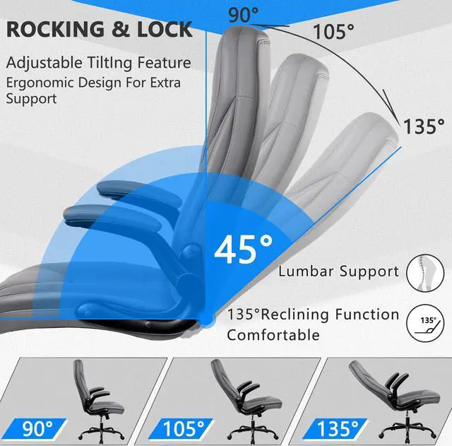 Alt view image 5 of 6 - Coolhut Office Chair, Executive Leather Chair, Big & Tall Ergonomic Office Chair, Adjustable Flip-Up Arms, High Back Home Office Desk Chairs Computer Chair with Lumbar Support (Grey)