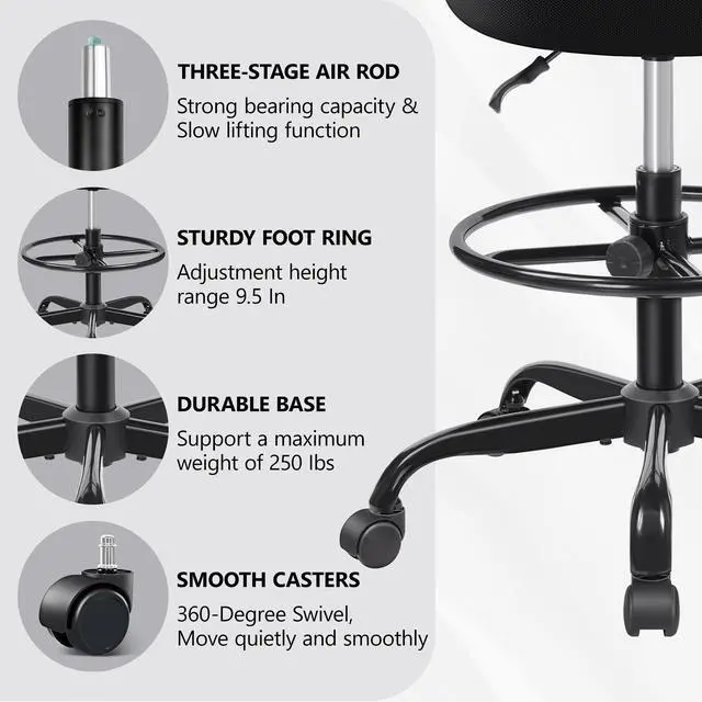 Alt view image 3 of 7 - Coolhut Office Drafting Chair Armless, Tall Office Desk Chair Adjustable Height and Footring, Mid-Back Ergonomic Standing Desk Chair Mesh Rolling Tall Chair for Art Room, Office or Home (Black)