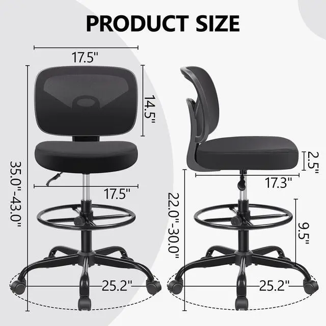 Alt view image 6 of 7 - Coolhut Office Drafting Chair Armless, Tall Office Desk Chair Adjustable Height and Footring, Mid-Back Ergonomic Standing Desk Chair Mesh Rolling Tall Chair for Art Room, Office or Home (Black)