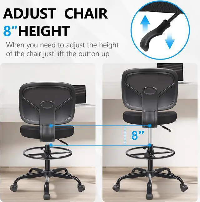 Alt view image 4 of 7 - Coolhut Office Drafting Chair Armless, Tall Office Desk Chair Adjustable Height and Footring, Mid-Back Ergonomic Standing Desk Chair Mesh Rolling Tall Chair for Art Room, Office or Home (Black)