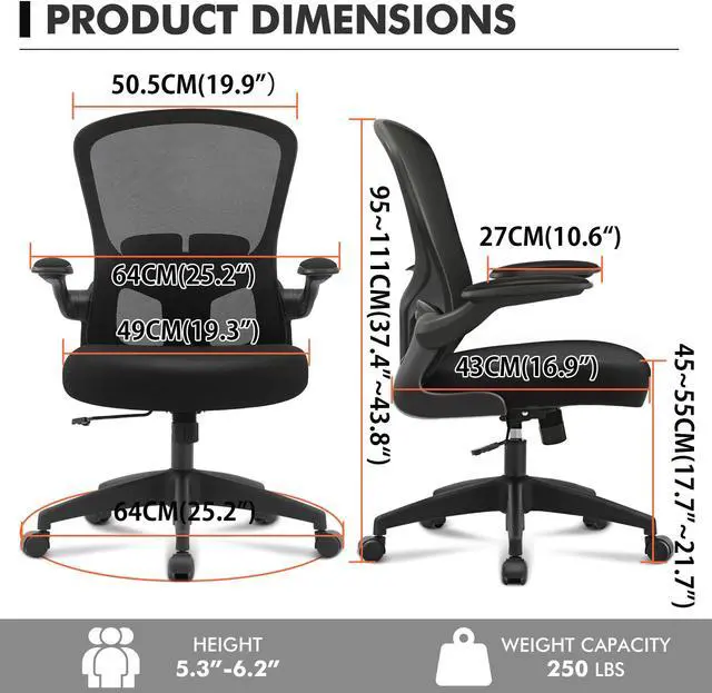 Alt view image 6 of 6 - FelixKing Office Chair, Ergonomic Desk Chair with Adjustable Height, Swivel Computer Mesh Chair with Lumbar Support and Flip-up Arms, Backrest with Breathable Mesh (Black)