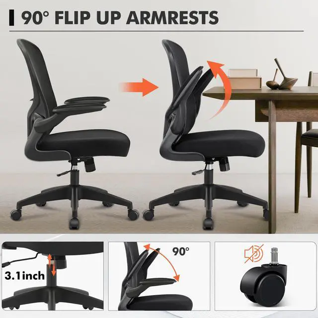Alt view image 3 of 6 - FelixKing Office Chair, Ergonomic Desk Chair with Adjustable Height, Swivel Computer Mesh Chair with Lumbar Support and Flip-up Arms, Backrest with Breathable Mesh (Black)