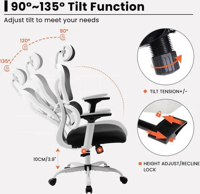 Alt view image 6 of 7 - KERDOM Ergonomic Office Chair, Home Desk Chair, Comfy Breathable Mesh Task Chair, High Back Thick Cushion Computer Chair with Headrest and 3D Armrests, Adjustable Height Home Gaming Chair Black White