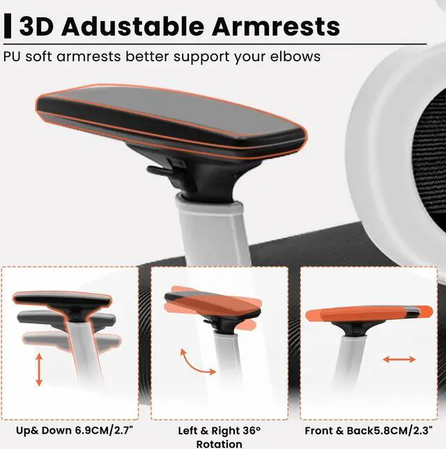 Alt view image 5 of 7 - KERDOM Ergonomic Office Chair, Home Desk Chair, Comfy Breathable Mesh Task Chair, High Back Thick Cushion Computer Chair with Headrest and 3D Armrests, Adjustable Height Home Gaming Chair Black White