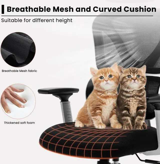 Alt view image 4 of 7 - KERDOM Ergonomic Office Chair, Home Desk Chair, Comfy Breathable Mesh Task Chair, High Back Thick Cushion Computer Chair with Headrest and 3D Armrests, Adjustable Height Home Gaming Chair Black White