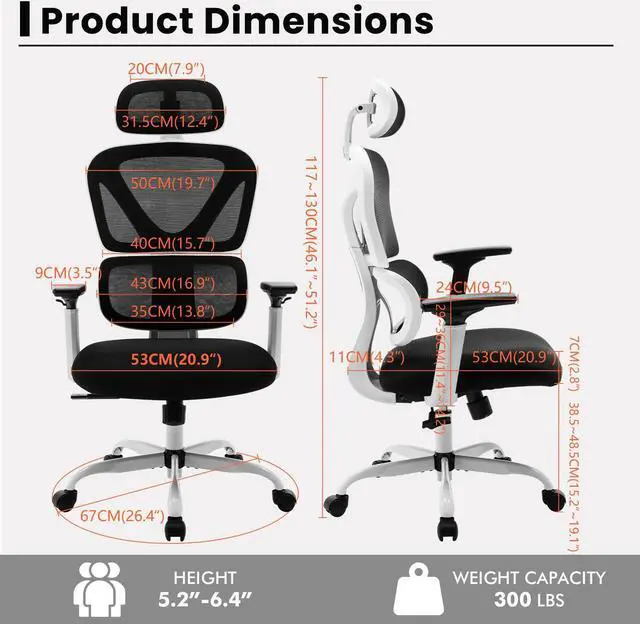 Alt view image 7 of 7 - KERDOM Ergonomic Office Chair, Home Desk Chair, Comfy Breathable Mesh Task Chair, High Back Thick Cushion Computer Chair with Headrest and 3D Armrests, Adjustable Height Home Gaming Chair Black White