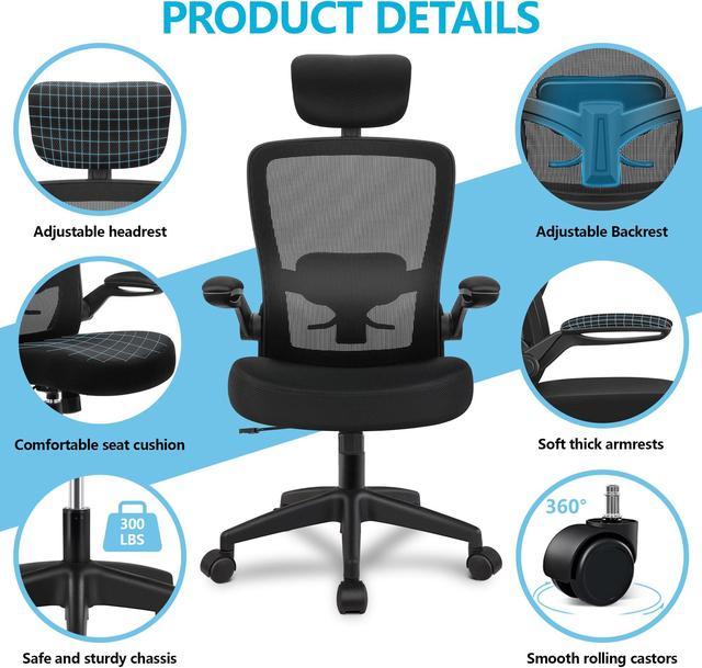Coolhut Ergonomic Office Chair, Comfort Desk Chair with Adjustable Lumbar  Support and Flip up Arms, 300lb, Black
