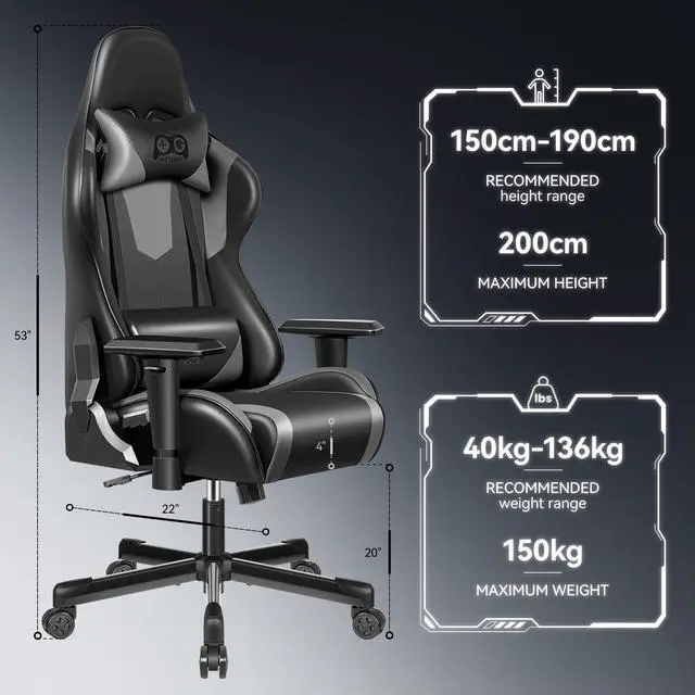 Alt view image 3 of 7 - KERDOM Ergonomic Gaming Chair, PU Leather Gamer Chair Racing Style Internet bar Game Chair, Adjustable Backrest, Swivel, Lumbar Support Gamer Chair - Black / Grey