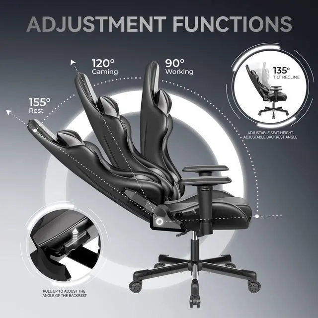 Alt view image 4 of 7 - KERDOM Ergonomic Gaming Chair, PU Leather Gamer Chair Racing Style Internet bar Game Chair, Adjustable Backrest, Swivel, Lumbar Support Gamer Chair - Black / Grey