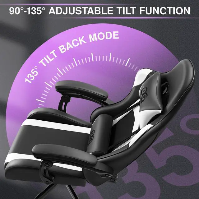 Alt view image 4 of 7 - KERDOM Ergonomic Racing-Style Gaming Chair with High Back, Adjustable Height and Reclining Backrest, Complete with Headrest and Lumbar Support for Optimal Comfort Black / White