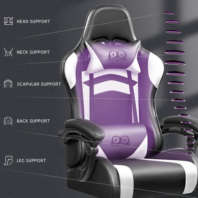 Alt view image 3 of 7 - KERDOM Ergonomic Racing-Style Gaming Chair with High Back, Adjustable Height and Reclining Backrest, Complete with Headrest and Lumbar Support for Optimal Comfort Black / White