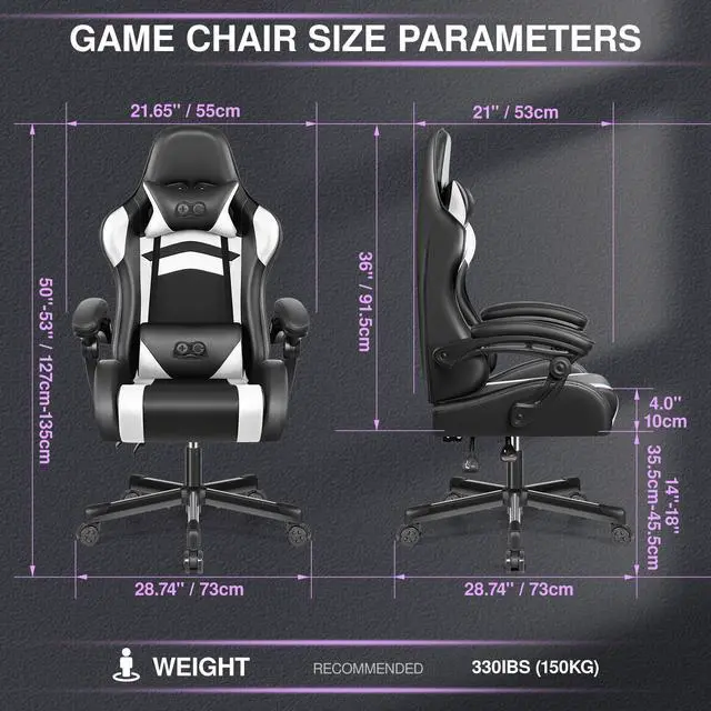 Alt view image 2 of 7 - KERDOM Ergonomic Racing-Style Gaming Chair with High Back, Adjustable Height and Reclining Backrest, Complete with Headrest and Lumbar Support for Optimal Comfort Black / White