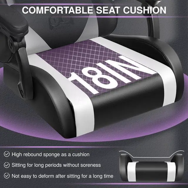 Alt view image 7 of 7 - KERDOM Ergonomic Racing-Style Gaming Chair with High Back, Adjustable Height and Reclining Backrest, Complete with Headrest and Lumbar Support for Optimal Comfort Black / White