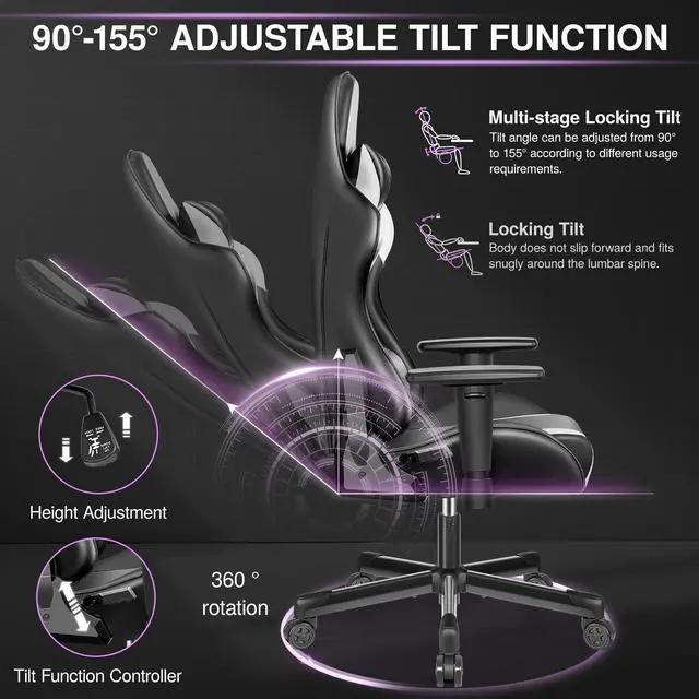 Alt view image 5 of 7 - KERDOM Ergonomic Black Gaming Chair, Height-Adjustable Computer Chair, Racing-Style Design with Headrest and Lumbar Support for Gamers Black / White