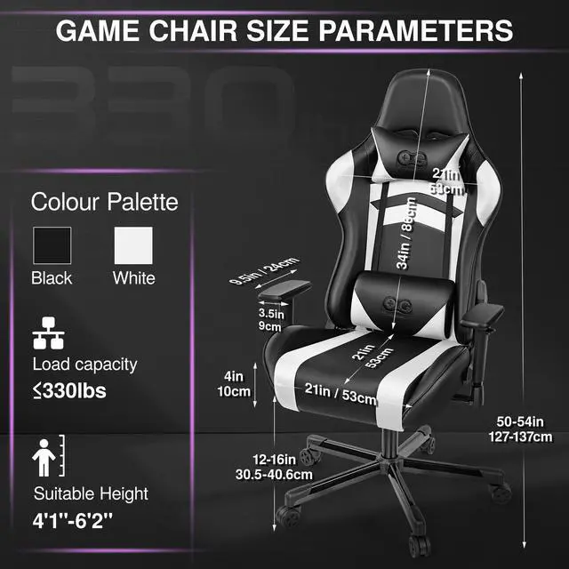 Alt view image 3 of 7 - KERDOM Ergonomic Black Gaming Chair, Height-Adjustable Computer Chair, Racing-Style Design with Headrest and Lumbar Support for Gamers Black / White