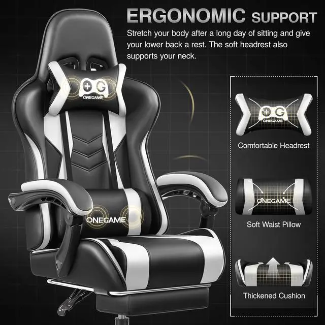 Alt view image 4 of 7 - KERDOM Ergonomic Gaming Chair with Footrest and Lumbar Support, High-Back Racing-Style PC Chair, Adjustable PU Leather Office Chair Black / White
