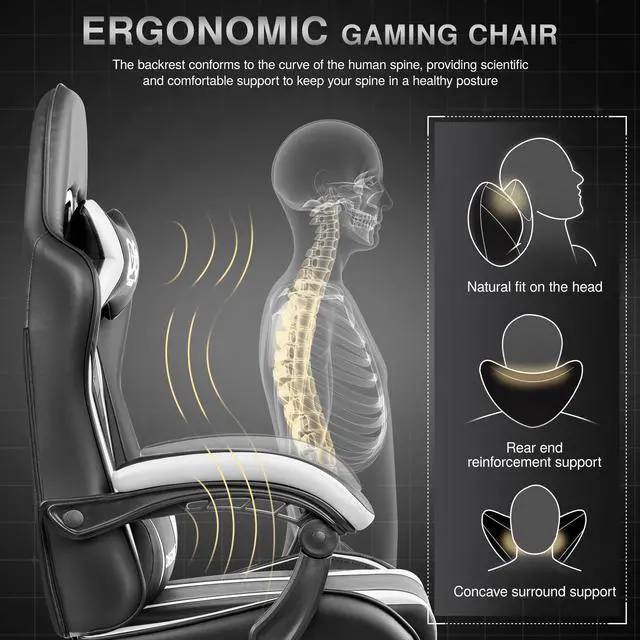Alt view image 5 of 7 - KERDOM Ergonomic Gaming Chair with Footrest and Lumbar Support, High-Back Racing-Style PC Chair, Adjustable PU Leather Office Chair Black / White
