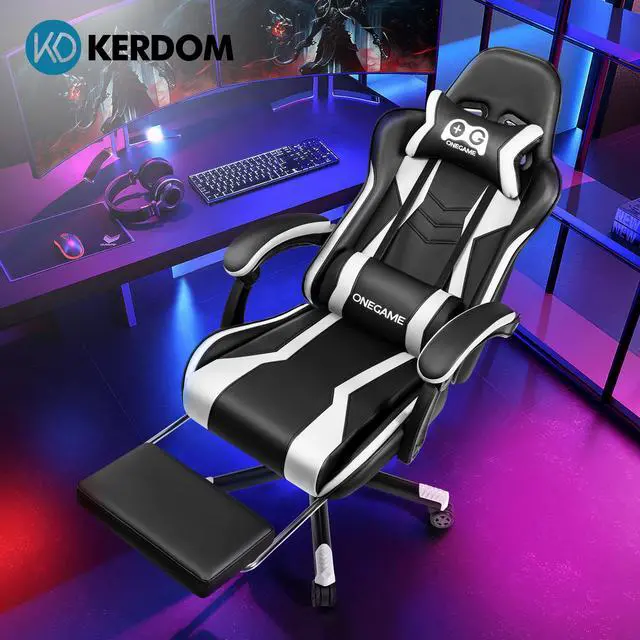 Alt view image 2 of 7 - KERDOM Ergonomic Gaming Chair with Footrest and Lumbar Support, High-Back Racing-Style PC Chair, Adjustable PU Leather Office Chair Black / White