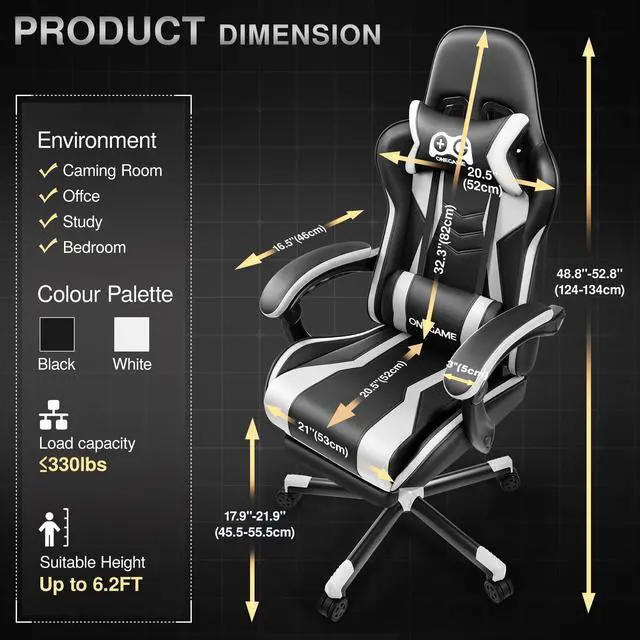 Alt view image 3 of 7 - KERDOM Ergonomic Gaming Chair with Footrest and Lumbar Support, High-Back Racing-Style PC Chair, Adjustable PU Leather Office Chair Black / White