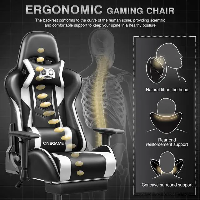 Alt view image 4 of 7 - KERDOM Adult Ergonomic Gaming Chair with 3D Armrests, Racing-Style Chair with Footrest and Lumbar Pillow, Tilt Lock, and PU Leather Design  for Gaming or Office Black / White