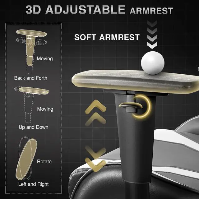 Alt view image 6 of 7 - KERDOM Adult Ergonomic Gaming Chair with 3D Armrests, Racing-Style Chair with Footrest and Lumbar Pillow, Tilt Lock, and PU Leather Design  for Gaming or Office Black / White