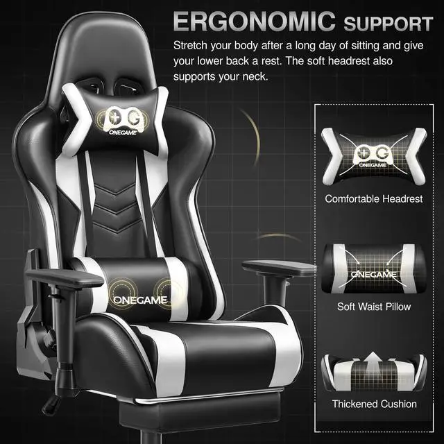 Alt view image 3 of 7 - KERDOM Adult Ergonomic Gaming Chair with 3D Armrests, Racing-Style Chair with Footrest and Lumbar Pillow, Tilt Lock, and PU Leather Design  for Gaming or Office Black / White