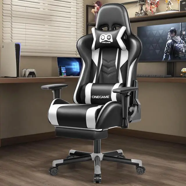 Alt view image 7 of 7 - KERDOM Adult Ergonomic Gaming Chair with 3D Armrests, Racing-Style Chair with Footrest and Lumbar Pillow, Tilt Lock, and PU Leather Design  for Gaming or Office Black / White