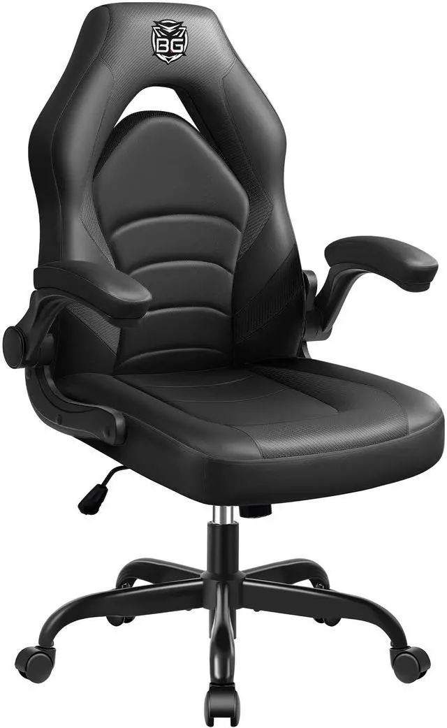 Main image of KERDOM Ergonomic Leather High-Back Gaming Chair, With Flip-Up Arms, Adjustable Lumbar Support, Swivel Tilt, and Smooth-Rolling Wheels, Ergonomic Office Desk Chair for Comfort and Style - Black