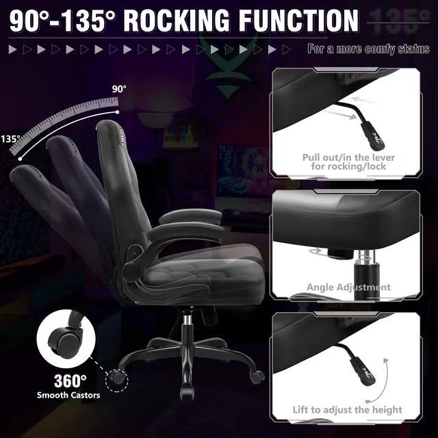 Alt view image 3 of 7 - KERDOM Ergonomic Leather High-Back Gaming Chair, With Flip-Up Arms, Adjustable Lumbar Support, Swivel Tilt, and Smooth-Rolling Wheels, Ergonomic Office Desk Chair for Comfort and Style - Black