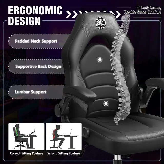 Alt view image 2 of 7 - KERDOM Ergonomic Leather High-Back Gaming Chair, With Flip-Up Arms, Adjustable Lumbar Support, Swivel Tilt, and Smooth-Rolling Wheels, Ergonomic Office Desk Chair for Comfort and Style - Black