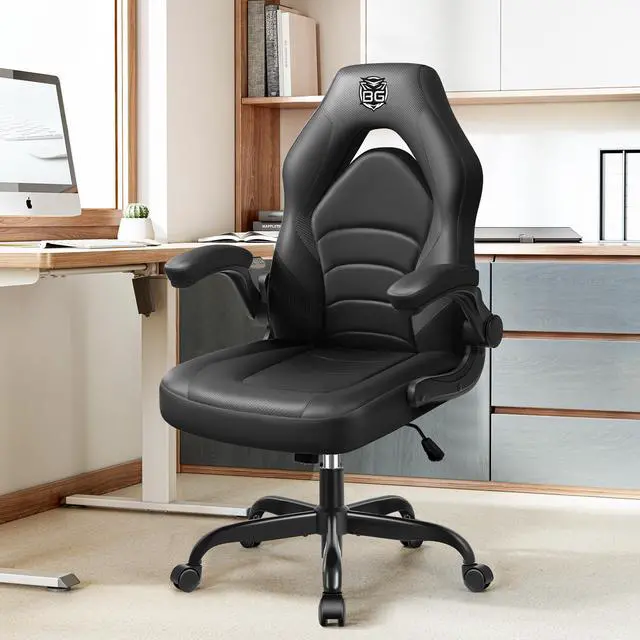 Alt view image 7 of 7 - KERDOM Ergonomic Leather High-Back Gaming Chair, With Flip-Up Arms, Adjustable Lumbar Support, Swivel Tilt, and Smooth-Rolling Wheels, Ergonomic Office Desk Chair for Comfort and Style - Black
