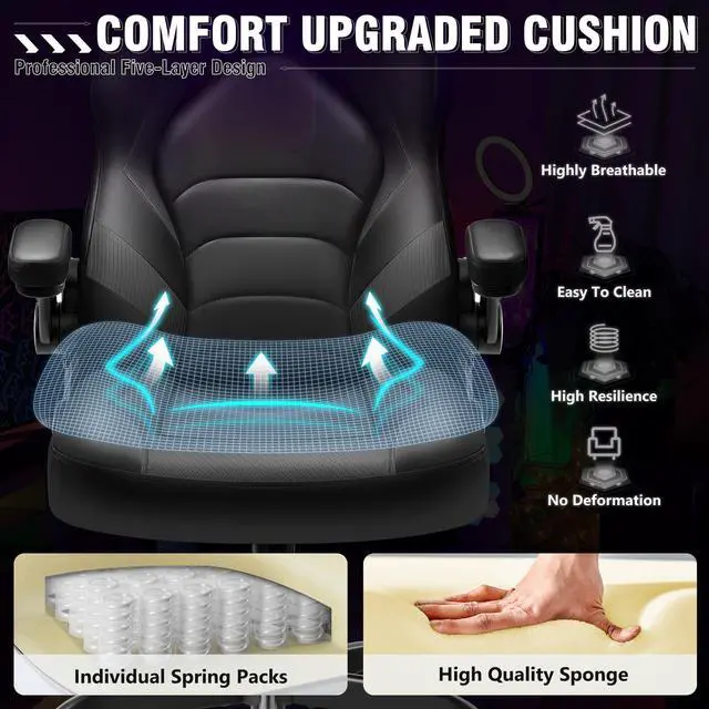 Alt view image 5 of 7 - KERDOM Ergonomic Leather High-Back Gaming Chair, With Flip-Up Arms, Adjustable Lumbar Support, Swivel Tilt, and Smooth-Rolling Wheels, Ergonomic Office Desk Chair for Comfort and Style - Black