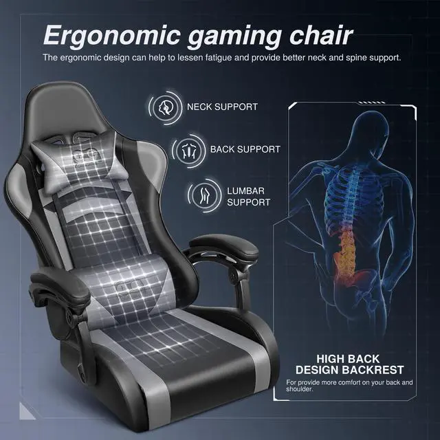 Alt view image 2 of 7 - KERDOM Ergonomic High-Back Gaming Chair  Height-Adjustable, Linked Armrests, Reclining Seat with Built-in Lumbar & Head Cushion, for Home, bedroom or Office, Black/Grey