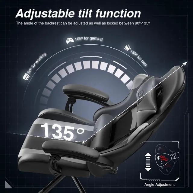 Alt view image 4 of 7 - KERDOM Ergonomic High-Back Gaming Chair  Height-Adjustable, Linked Armrests, Reclining Seat with Built-in Lumbar & Head Cushion, for Home, bedroom or Office, Black/Grey