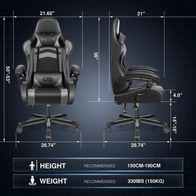 Alt view image 6 of 7 - KERDOM Ergonomic High-Back Gaming Chair  Height-Adjustable, Linked Armrests, Reclining Seat with Built-in Lumbar & Head Cushion, for Home, bedroom or Office, Black/Grey