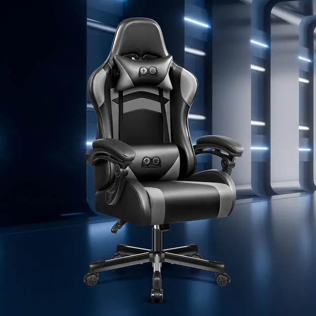Alt view image 7 of 7 - KERDOM Ergonomic High-Back Gaming Chair  Height-Adjustable, Linked Armrests, Reclining Seat with Built-in Lumbar & Head Cushion, for Home, bedroom or Office, Black/Grey