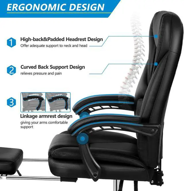 Alt view image 3 of 6 - Executive Office Chair, Big and Tall Office Chair with Foot Rest Reclining Leather Chair High Back Lumbar Support Ergonomic Office Chair with Padded Armrests