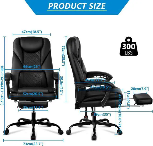 Alt view image 6 of 6 - Executive Office Chair, Big and Tall Office Chair with Foot Rest Reclining Leather Chair High Back Lumbar Support Ergonomic Office Chair with Padded Armrests