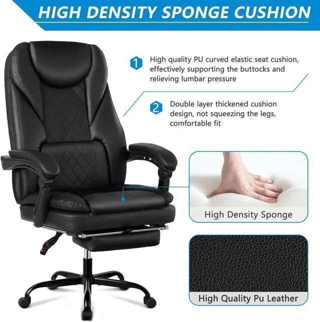 Alt view image 5 of 6 - Executive Office Chair, Big and Tall Office Chair with Foot Rest Reclining Leather Chair High Back Lumbar Support Ergonomic Office Chair with Padded Armrests