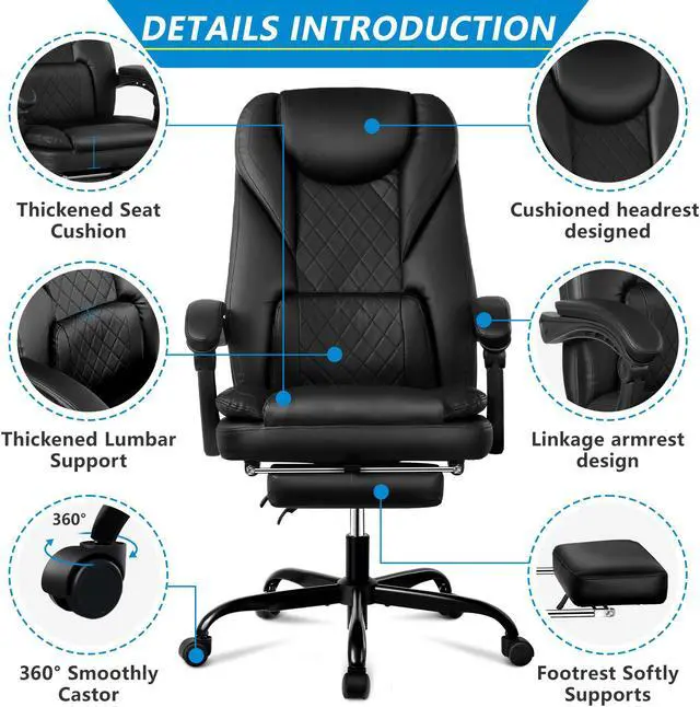 Alt view image 2 of 6 - Executive Office Chair, Big and Tall Office Chair with Foot Rest Reclining Leather Chair High Back Lumbar Support Ergonomic Office Chair with Padded Armrests