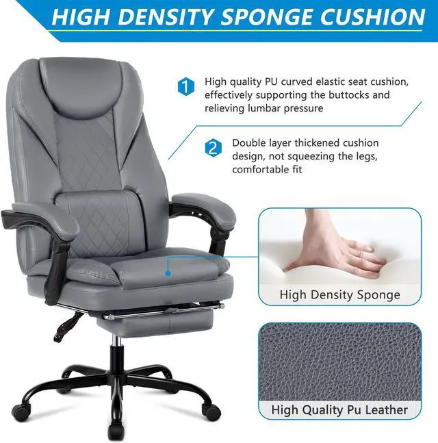 Alt view image 5 of 7 - Executive Office Chair, Big and Tall Office Chair with Foot Rest Reclining Leather Chair High Back Lumbar Support Ergonomic Office Chair with Padded Armrests Gray
