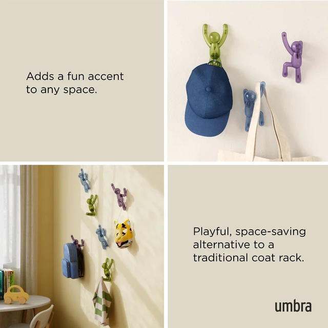 Alt view image 4 of 6 - Umbra Buddy Wall Hooks Decorative Wall Mounted Hooks Set of 3, Assorted Gem Colors