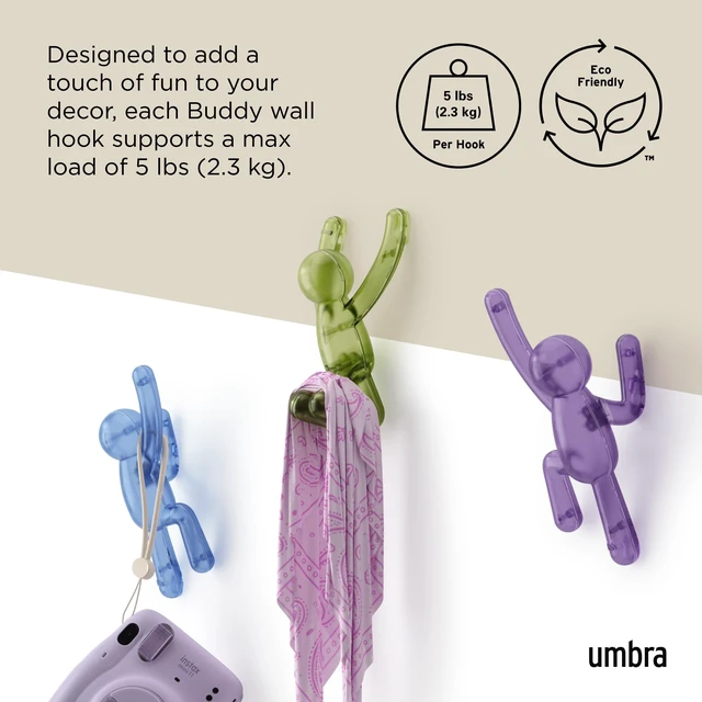 Alt view image 5 of 6 - Umbra Buddy Wall Hooks Decorative Wall Mounted Hooks Set of 3, Assorted Gem Colors