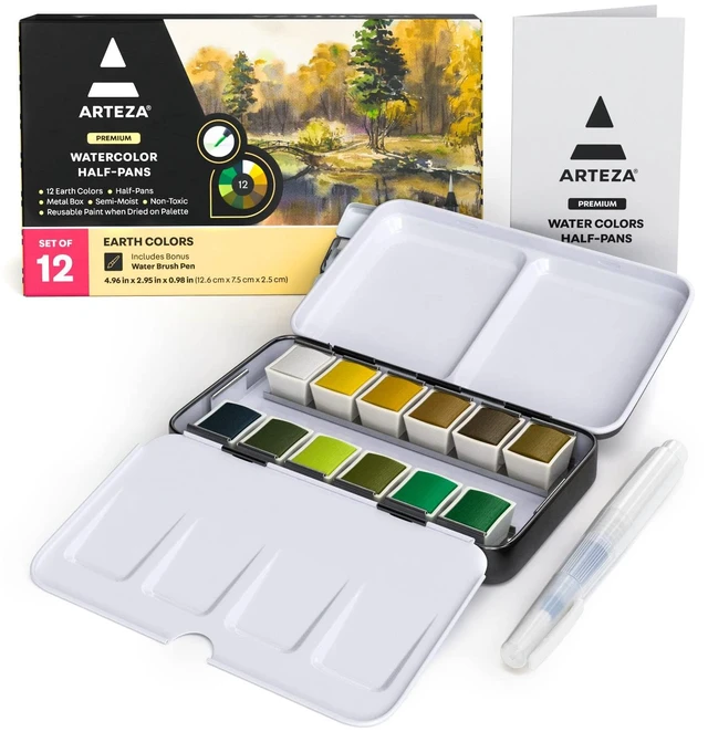 Main image of ARTEZA Watercolor Paint Set, 12 Pastel Tones Half Pans, Watercolor Set with Brush, Semi Moist Pastel Paint
